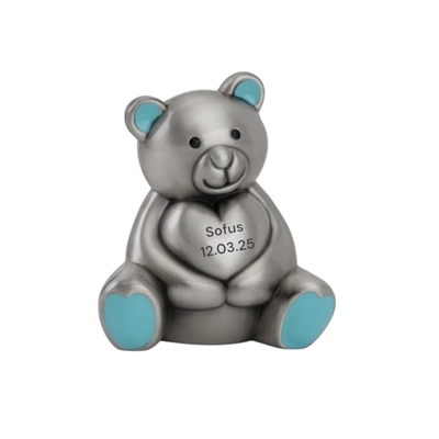 Sparebøsse bamse, blå - fortinnet med navn